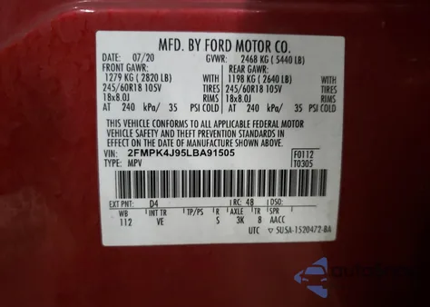 2020 Ford Edge Sel z USA, uszkodzony, nr VIN 2FMPK4J95LBA91505